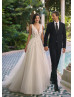 Deep V Neck Beaded Ivory Lace Tulle Sparkly Wedding Dress